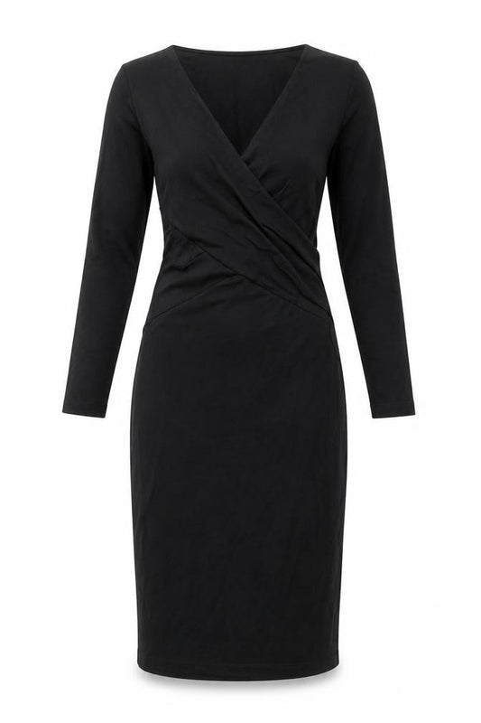 Front view of Iris & Ink women’s black viscose a-line, size UK 8, v-neck zip