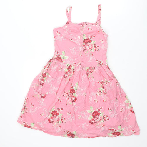 NEXT Girls Pink Floral Cotton Skater Dress Size 12 Years Square Neck Zip