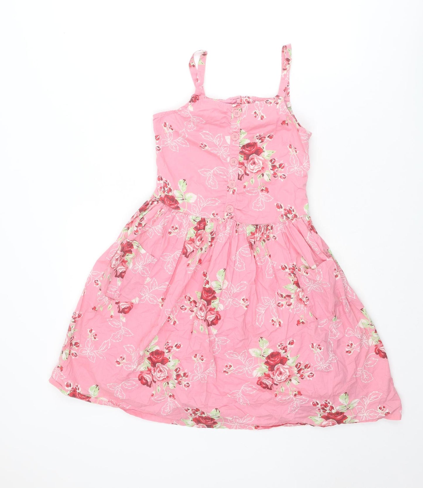 NEXT Girls Pink Floral Cotton Skater Dress Size 12 Years Square Neck Zip