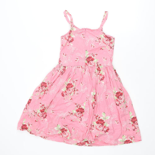 NEXT Girls Pink Floral Cotton Skater Dress Size 12 Years Square Neck Zip