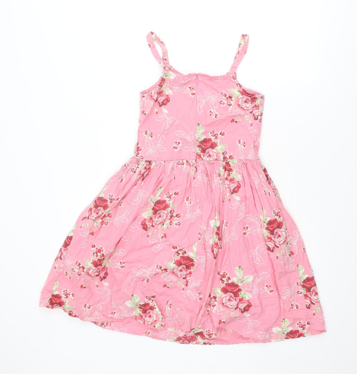 NEXT Girls Pink Floral Cotton Skater Dress Size 12 Years Square Neck Zip