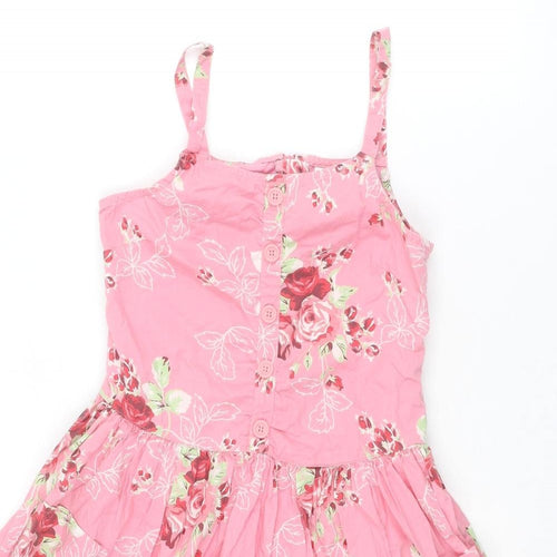 NEXT Girls Pink Floral Cotton Skater Dress Size 12 Years Square Neck Zip
