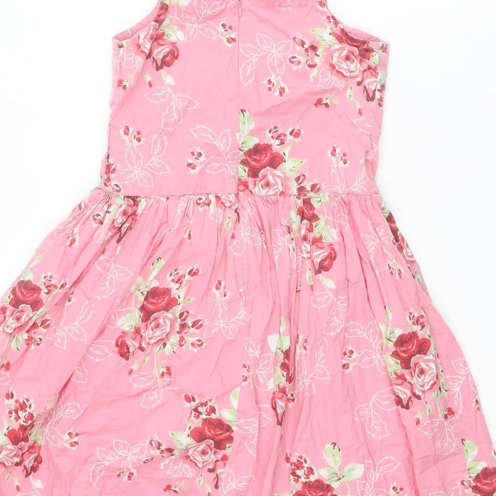 NEXT Girls Pink Floral Cotton Skater Dress Size 12 Years Square Neck Zip