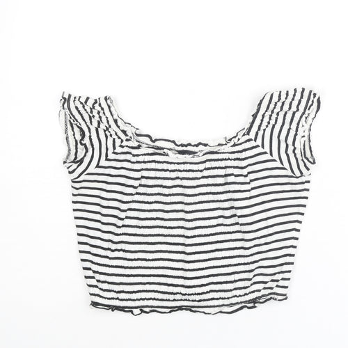 New Look Womens White Striped Cotton Cropped T-Shirt Size 14 Boat Neck