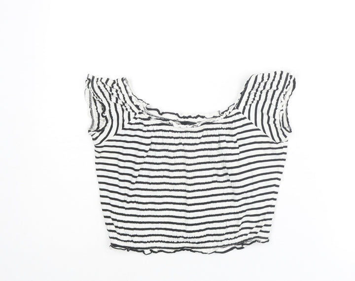 New Look Womens White Striped Cotton Cropped T-Shirt Size 14 Boat Neck