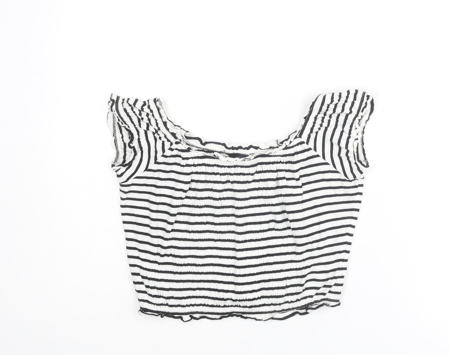 New Look Womens White Striped Cotton Cropped T-Shirt Size 14 Boat Neck