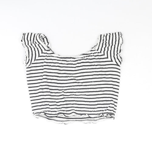New Look Womens White Striped Cotton Cropped T-Shirt Size 14 Boat Neck