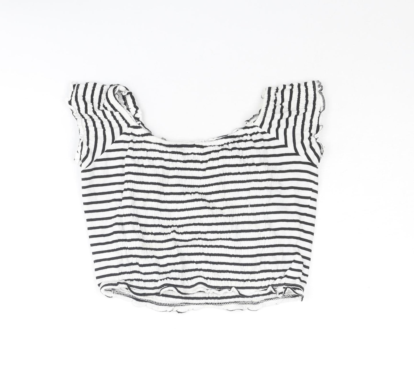 New Look Womens White Striped Cotton Cropped T-Shirt Size 14 Boat Neck