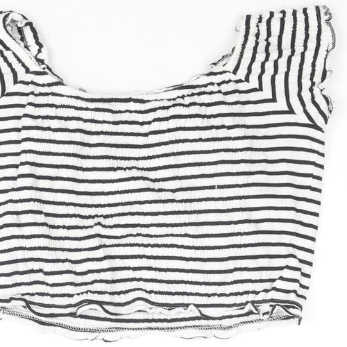 New Look Womens White Striped Cotton Cropped T-Shirt Size 14 Boat Neck