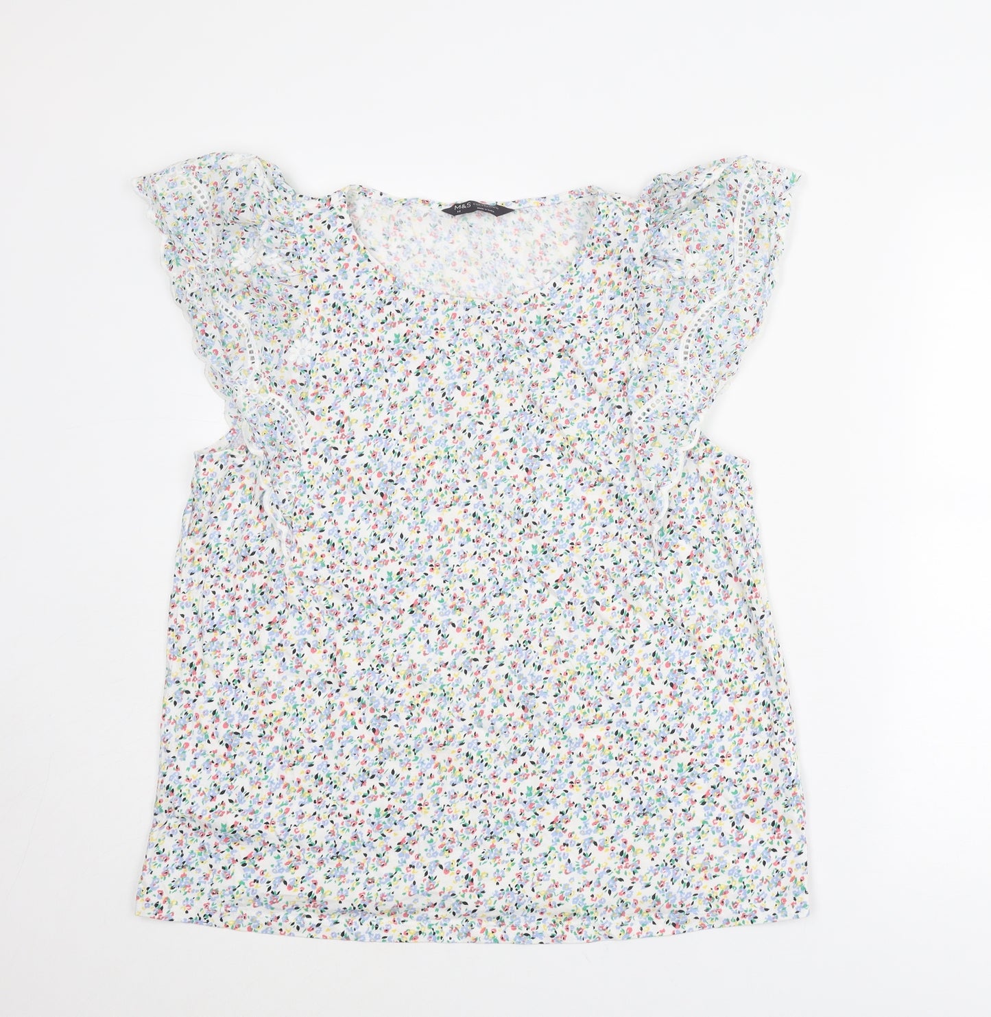 Marks and Spencer Womens Multicoloured Floral Cotton Basic Blouse Size 14 Round Neck