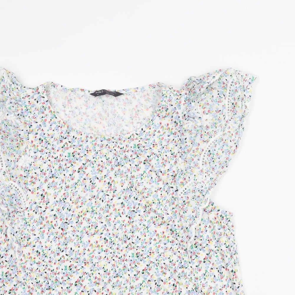 Marks and Spencer Womens Multicoloured Floral Cotton Basic Blouse Size 14 Round Neck