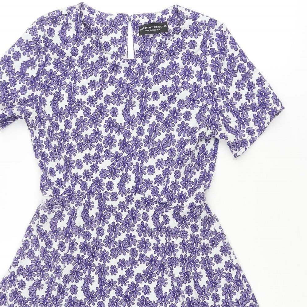 Dorothy Perkins Womens Blue Floral Polyester Fit & Flare Size 8 Round Neck Button