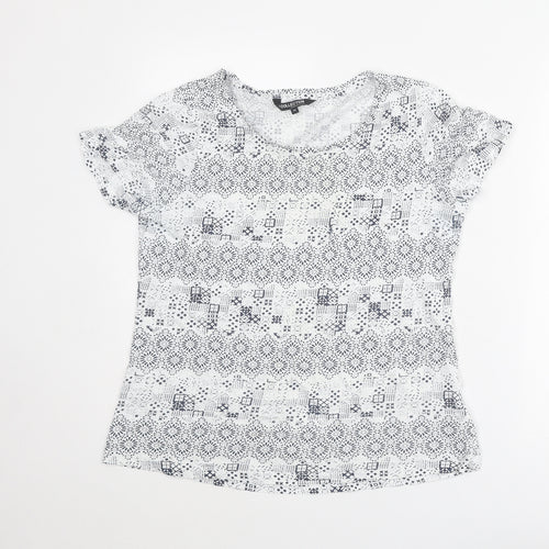 Debenhams Womens White Geometric Cotton Basic T-Shirt Size 14 Round Neck
