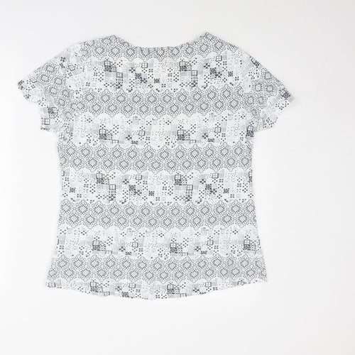 Debenhams Womens White Geometric Cotton Basic T-Shirt Size 14 Round Neck