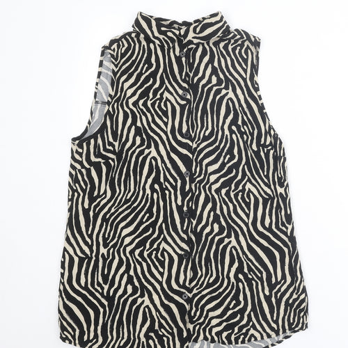 EWM Womens Black Animal Print Viscose Basic Button-Up Size 12 Collared - Tiger Print