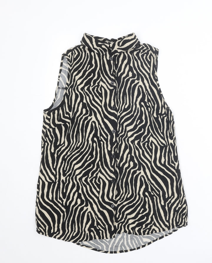 EWM Womens Black Animal Print Viscose Basic Button-Up Size 12 Collared - Tiger Print
