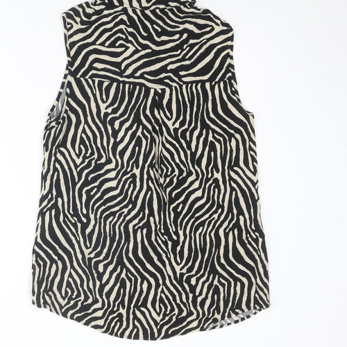 EWM Womens Black Animal Print Viscose Basic Button-Up Size 12 Collared - Tiger Print