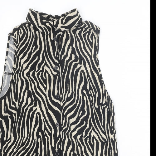 EWM Womens Black Animal Print Viscose Basic Button-Up Size 12 Collared - Tiger Print