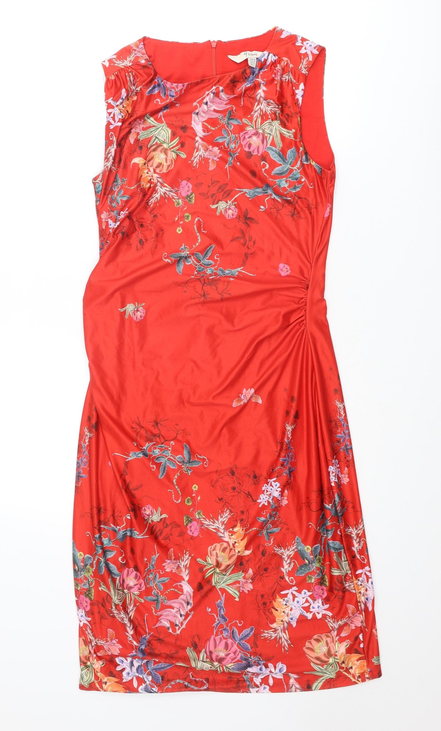 Yumi Womens Red Floral Polyester Shift Size 10 Boat Neck Zip