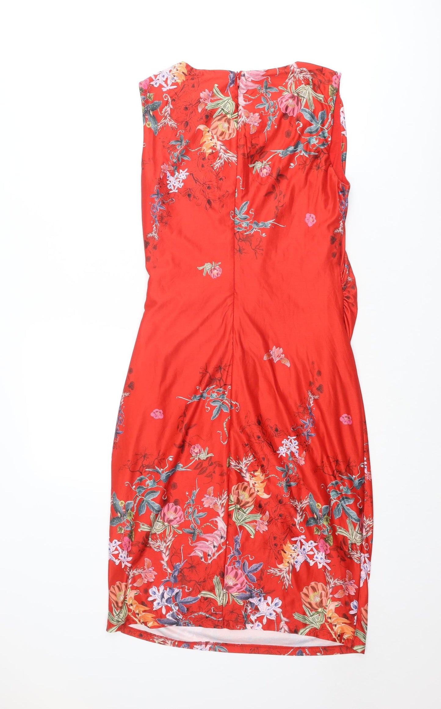 Yumi Womens Red Floral Polyester Shift Size 10 Boat Neck Zip