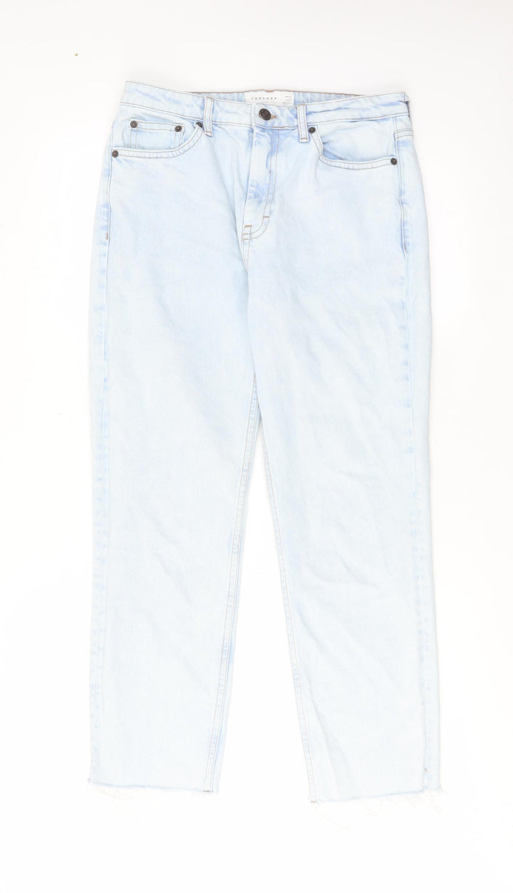 Topshop Womens Blue Cotton Straight Jeans Size 30 in L32 in Regular Zip - Raw Hem