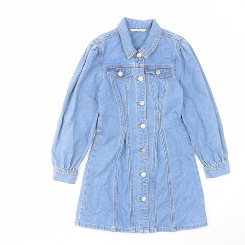 George Girls Blue Cotton A-Line Size 9-10 Years Collared Button