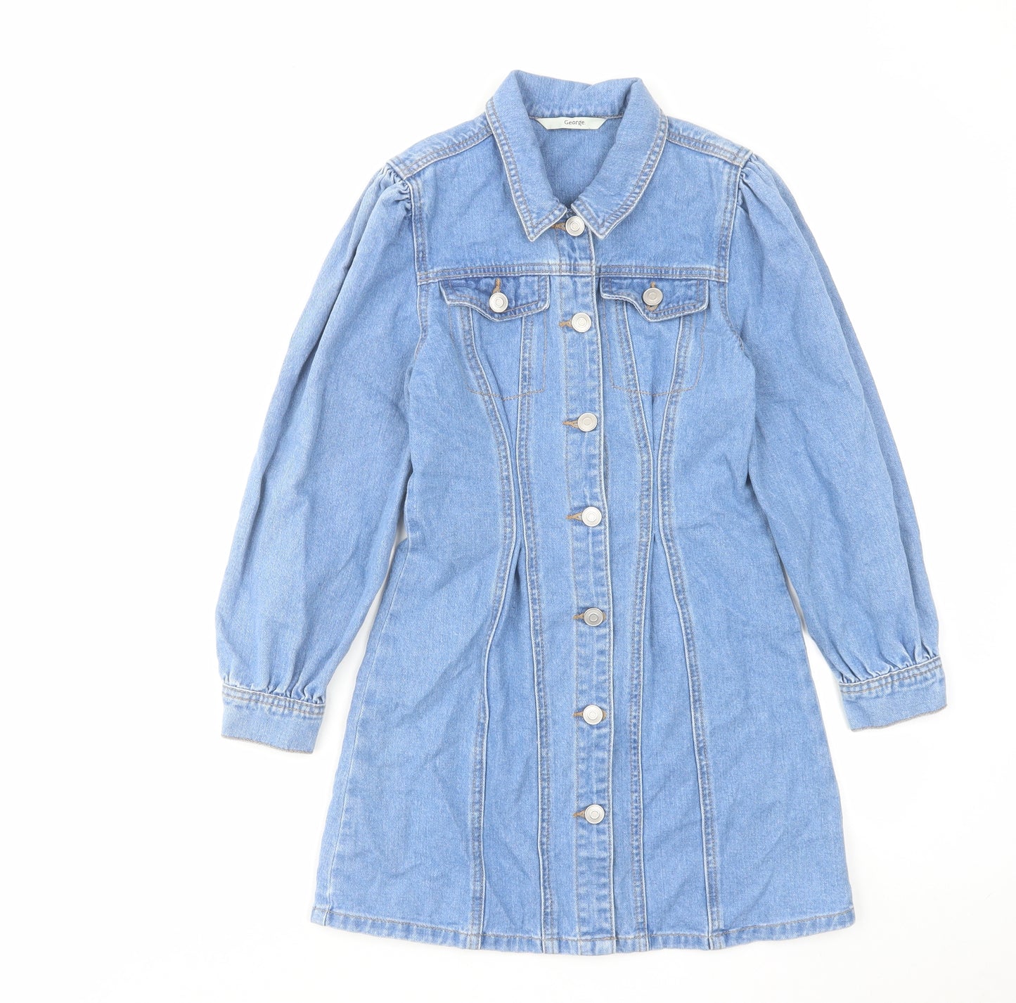 George Girls Blue Cotton A-Line Size 9-10 Years Collared Button