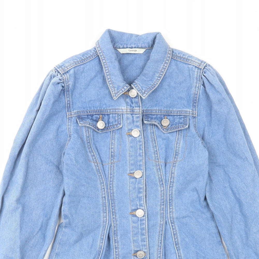 George Girls Blue Cotton A-Line Size 9-10 Years Collared Button