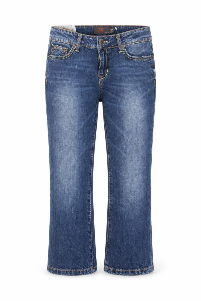 Front view of Liu Jo women’s blue cotton bootcut jeans, size UK 28, in, 20-inch leg regular zip