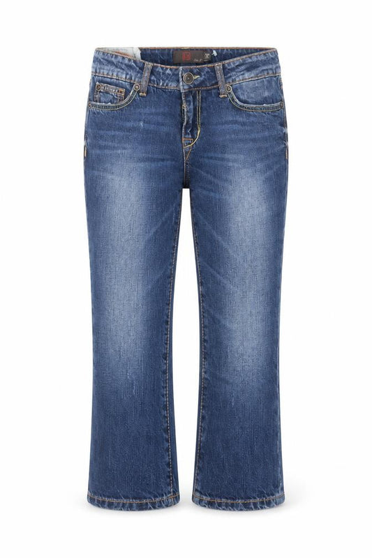 Front view of Liu Jo women’s blue cotton bootcut jeans, size UK 28, in, 20-inch leg regular zip