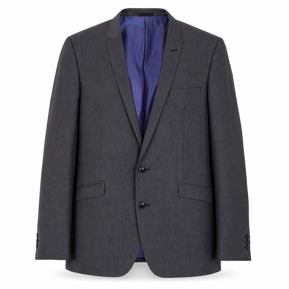 Front view of Next men’s grey striped polyester jacket suit jacket, size 44, regular