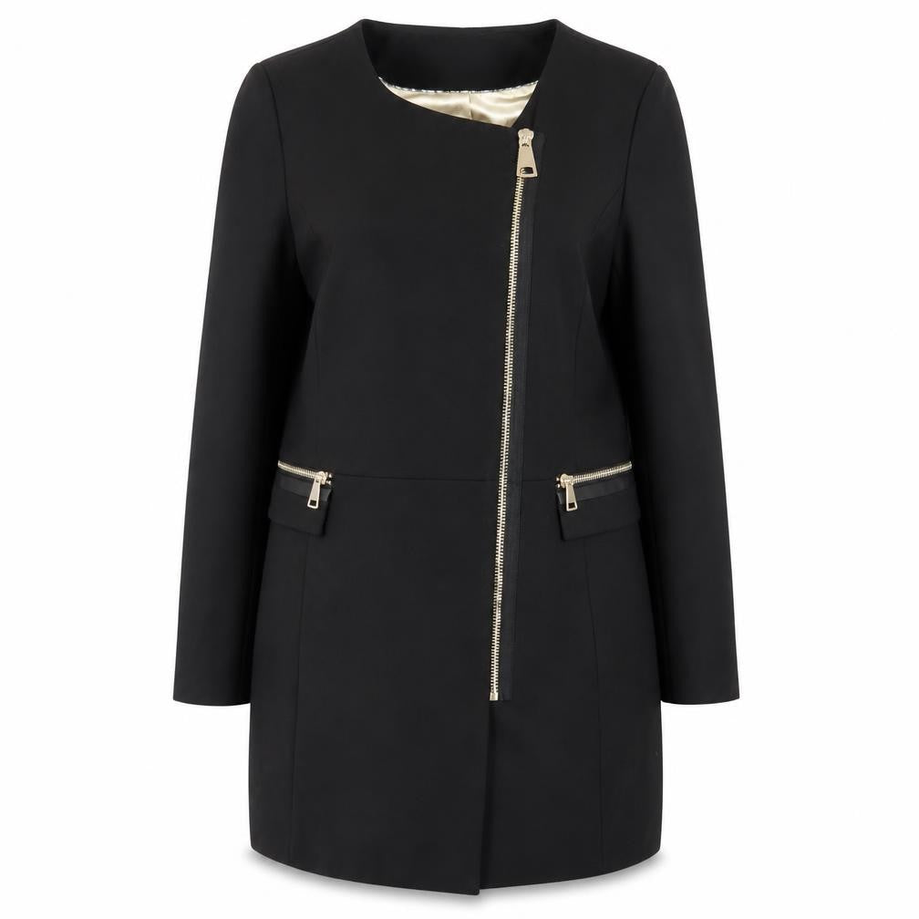 Front view of PBO women’s black overcoat coat, size UK 8, zip