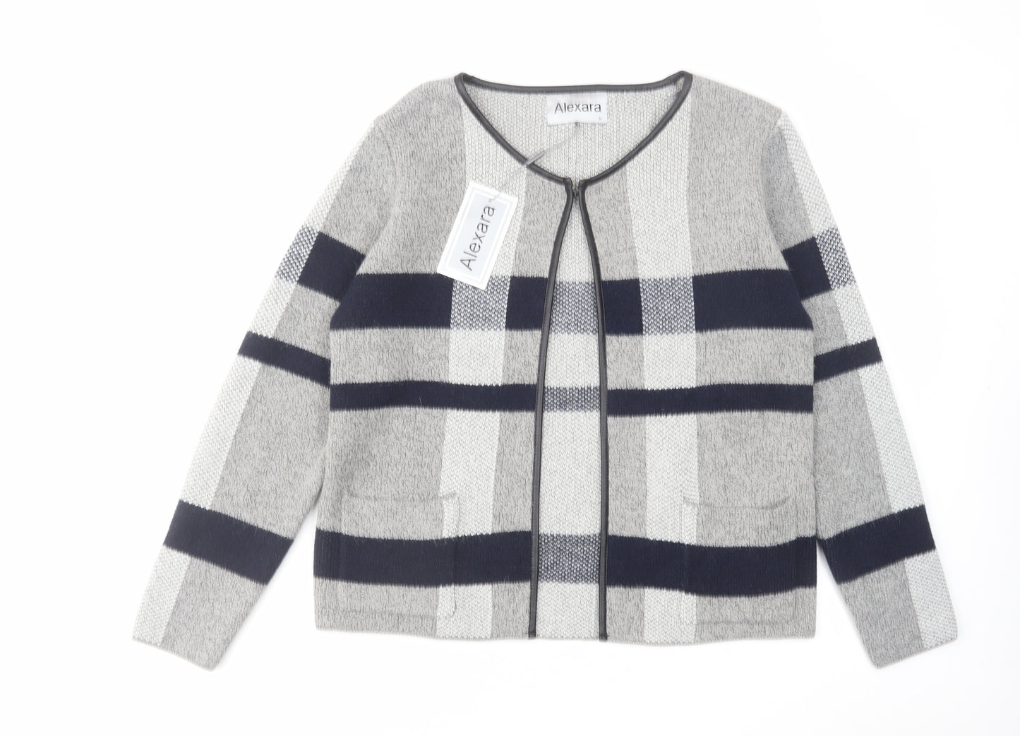 Alexandra Womens Grey Round Neck Plaid Acrylic Cardigan Jumper Size M