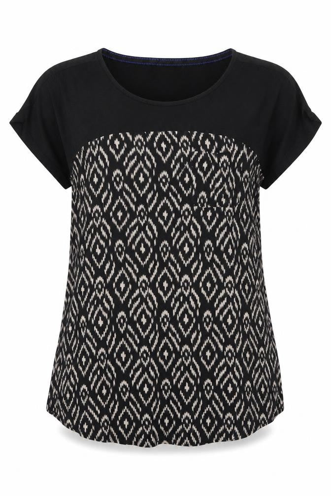 Front view of Meadow Rue women’s black geometric cotton basic blouse, size L, boat neck
