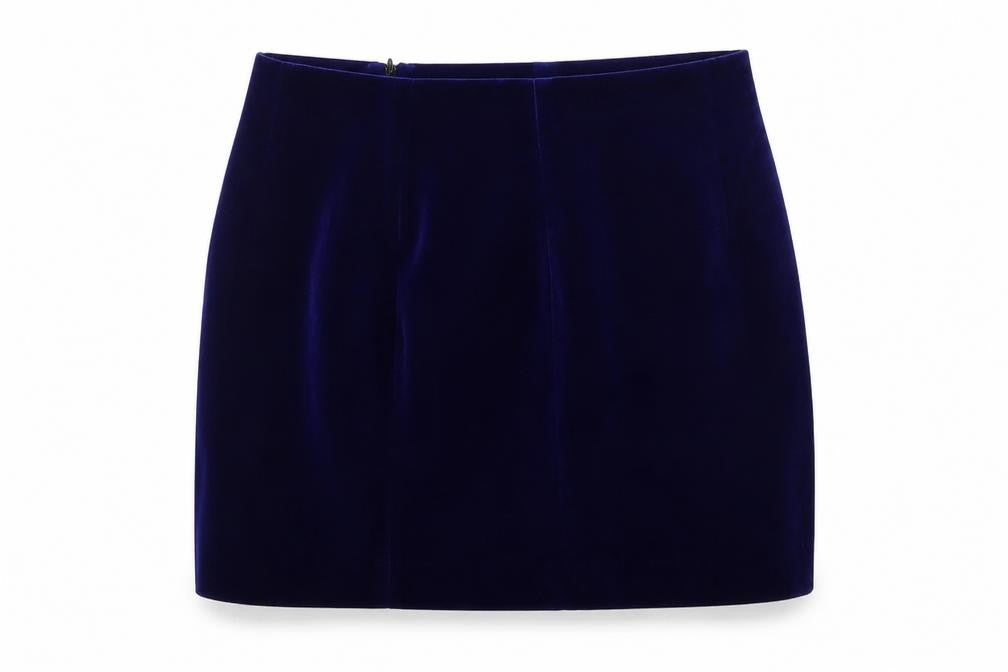 Front view of Zara women’s blue polyester a-line skirt, size L, zip