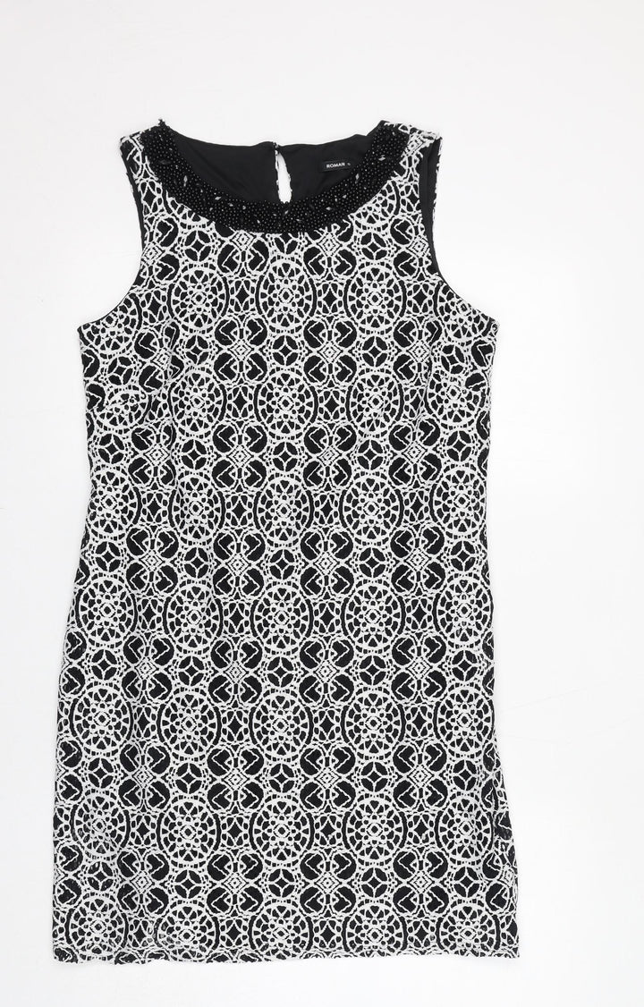Roman Womens Black Geometric Polyimide Shift Size 12 Boat Neck Pullover