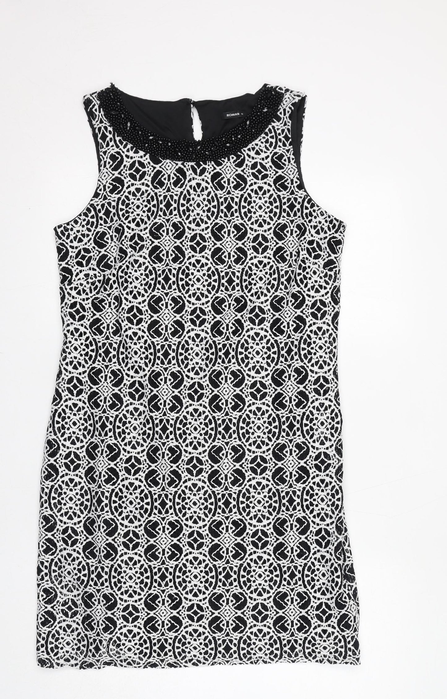 Roman Womens Black Geometric Polyimide Shift Size 12 Boat Neck Pullover