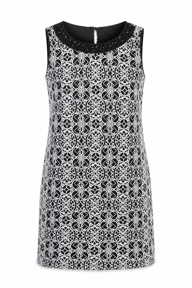 Front view of Roman women’s black geometric polyimide shift, size UK 12, boat neck pullover