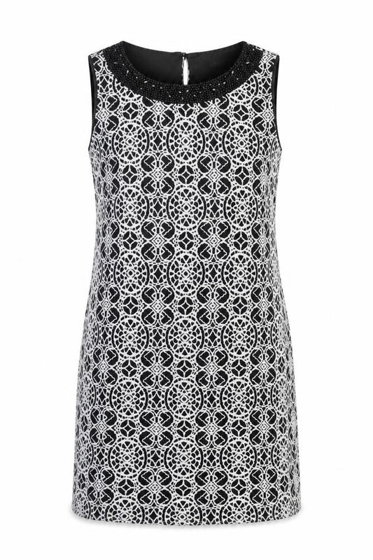 Front view of Roman women’s black geometric polyimide shift, size UK 12, boat neck pullover