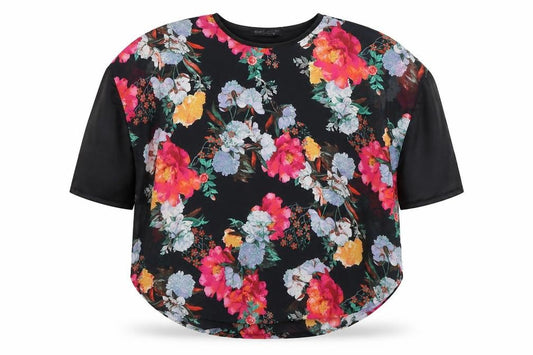 Front view of Select women’s black floral polyester basic blouse, size UK 6, round neck