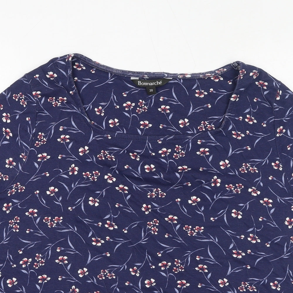 Bonmarché Womens Blue Floral 100% Cotton Basic T-Shirt Size 20 Boat Neck