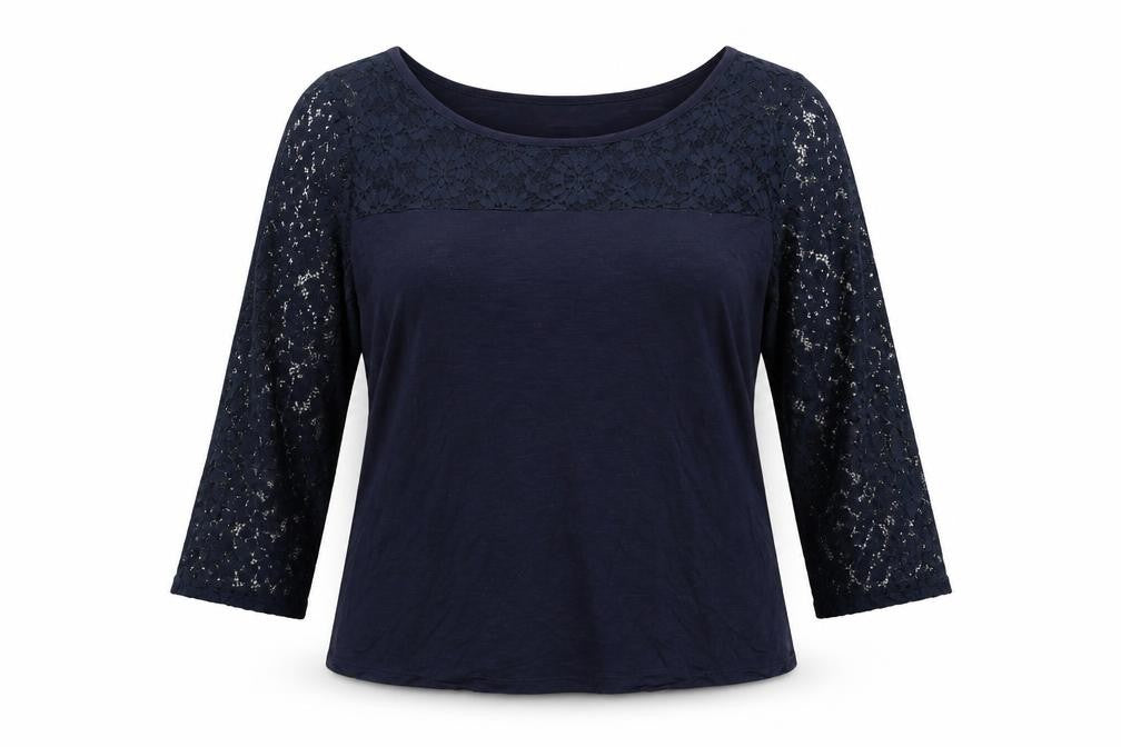 Front view of Authentic women’s blue viscose basic blouse, size UK 16, boat neck - lace detail