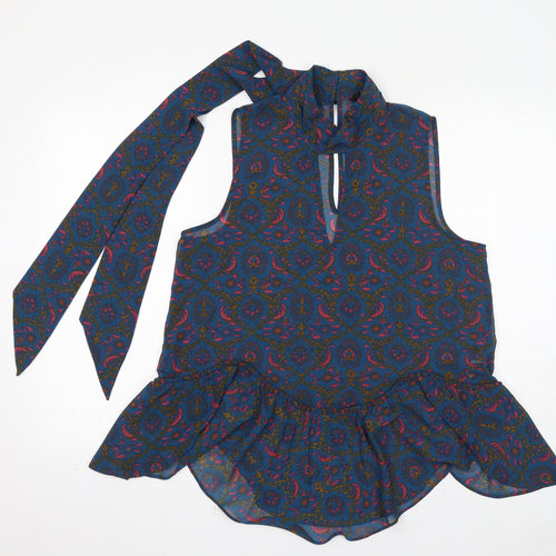 NEXT Womens Blue Geometric Polyester Basic Blouse Size 14 Mock Neck - Tie Neck Detail