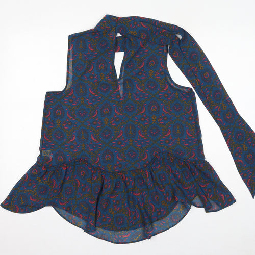 NEXT Womens Blue Geometric Polyester Basic Blouse Size 14 Mock Neck - Tie Neck Detail