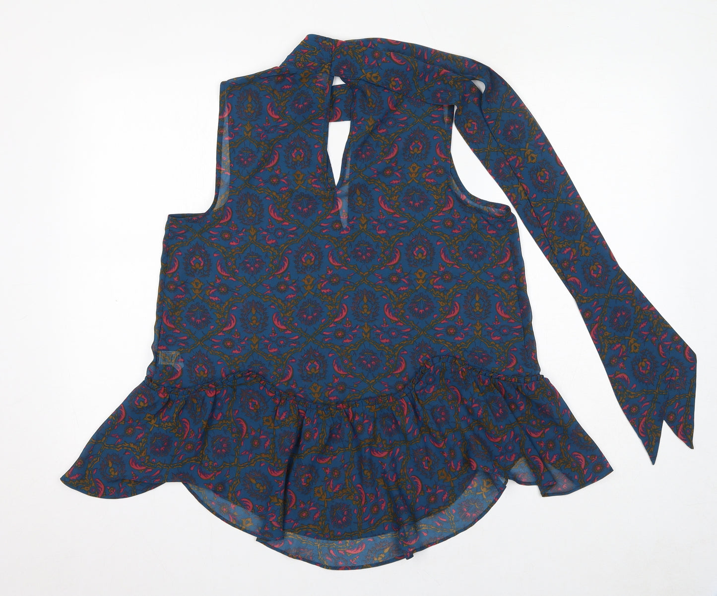 NEXT Womens Blue Geometric Polyester Basic Blouse Size 14 Mock Neck - Tie Neck Detail