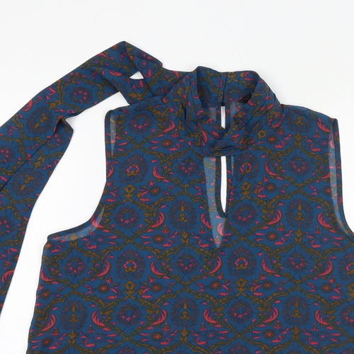 NEXT Womens Blue Geometric Polyester Basic Blouse Size 14 Mock Neck - Tie Neck Detail