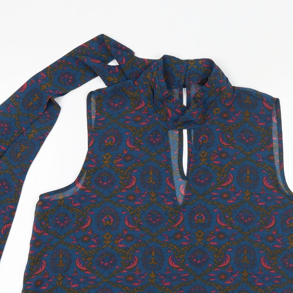 NEXT Womens Blue Geometric Polyester Basic Blouse Size 14 Mock Neck - Tie Neck Detail
