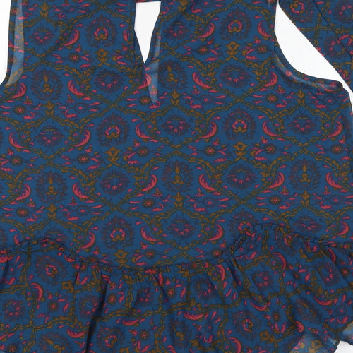 NEXT Womens Blue Geometric Polyester Basic Blouse Size 14 Mock Neck - Tie Neck Detail
