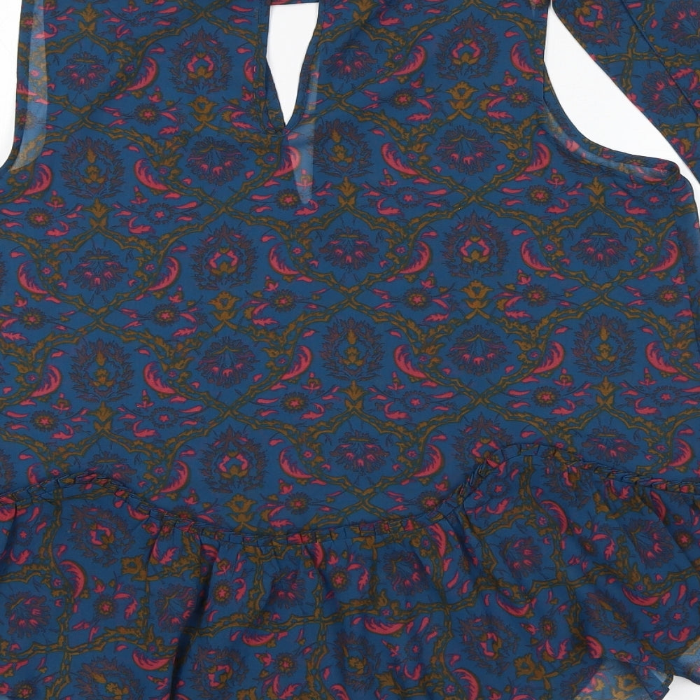 NEXT Womens Blue Geometric Polyester Basic Blouse Size 14 Mock Neck - Tie Neck Detail