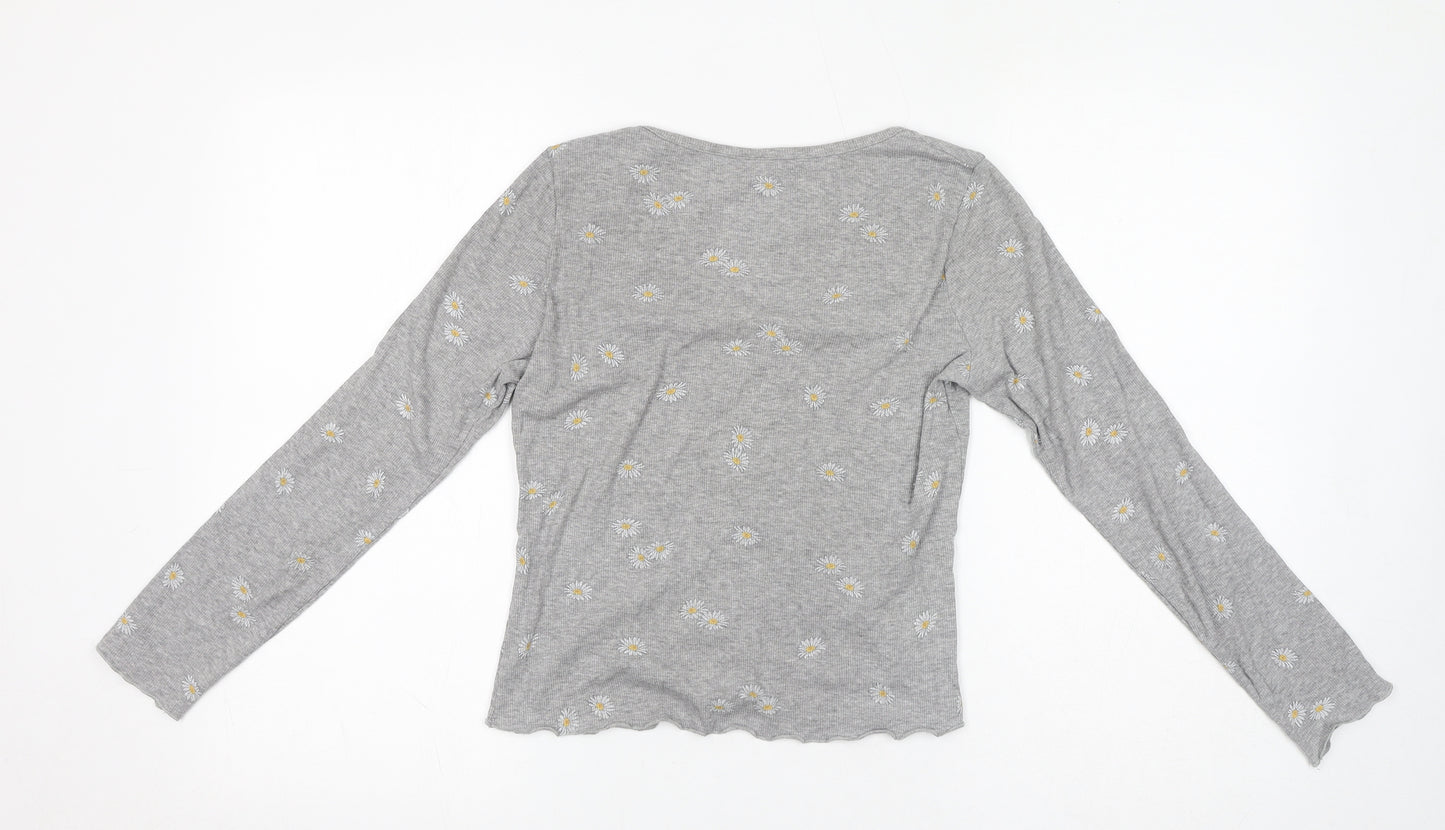 H&M Womens Grey V-Neck Floral Cotton Cardigan Jumper Size S